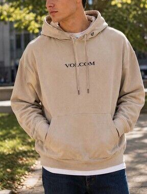Volcom Men’s Light Beige Cotton Blend Logo Pullover Hoodie Front Pocket Casual